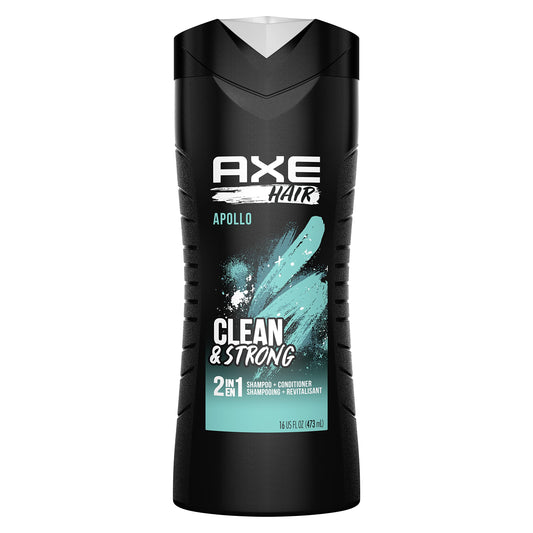AXE Apollo 2-in-1 bottle on a shelf for quick cleansing and conditioning.