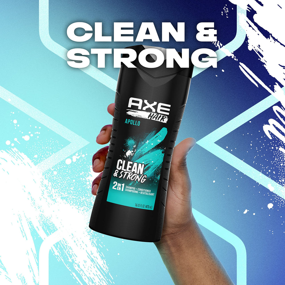 In-shower scene with AXE Apollo 2-in-1 demonstrates time-saving routine.