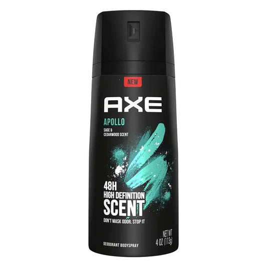 AXE Apollo body spray bottle front view with crisp masculine scent ready for daily use.