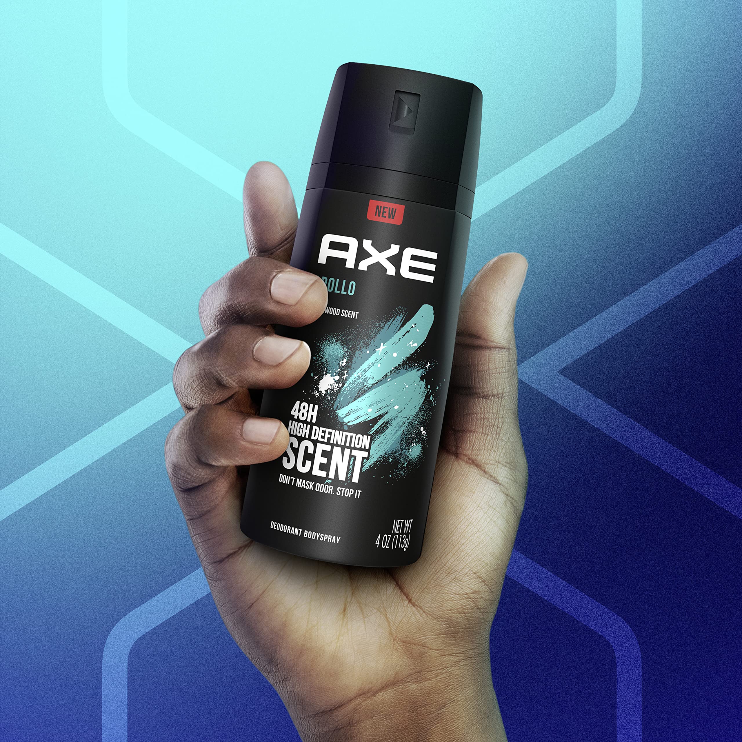 AXE Apollo spray across chest demonstrates easy application