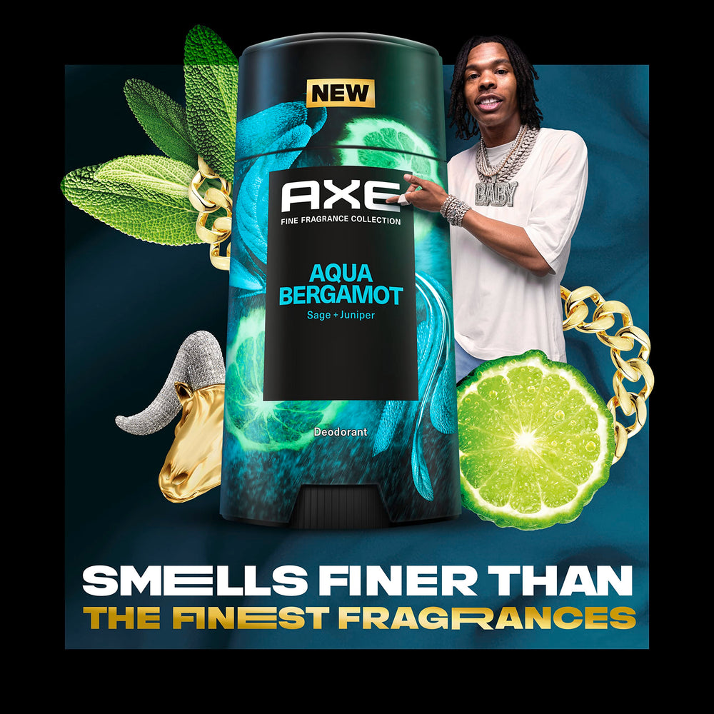 Front view of AXE Aqua Bergamot Deodorant Stick highlighting sleek design and fragrance notes