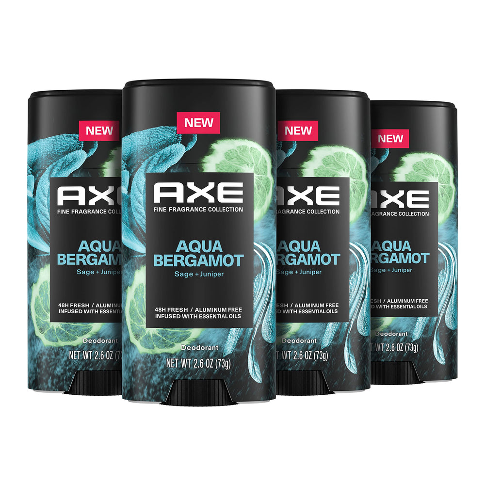 AXE Aqua Bergamot Deodorant Stick packaging showing the 4-pack aluminum-free formula
