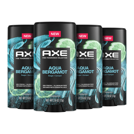 AXE Aqua Bergamot Deodorant Stick packaging showing the 4-pack aluminum-free formula
