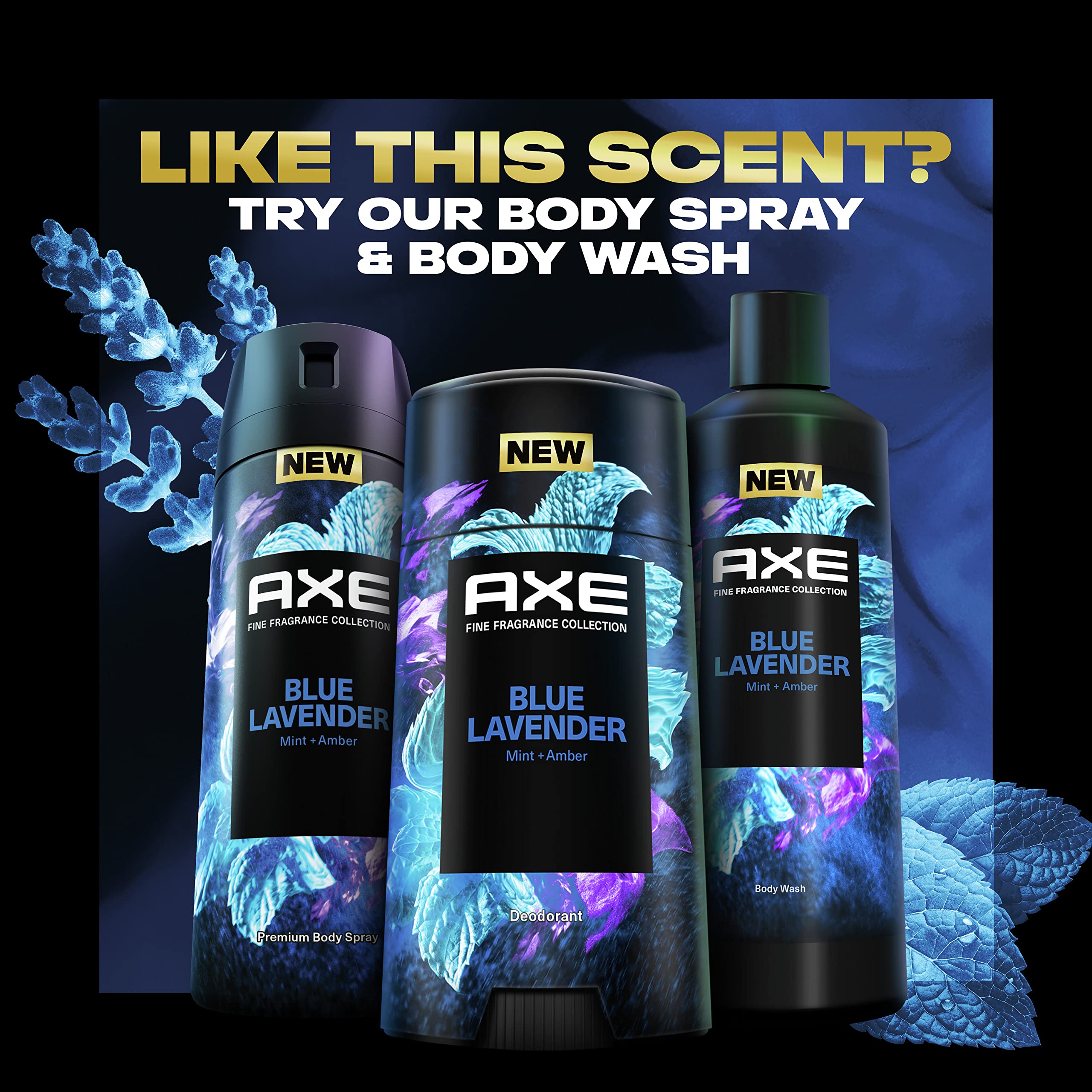 AXE Blue Lavender aluminum-free claim appeals to skin-friendly daily use.