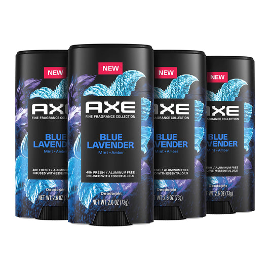 AXE Blue Lavender deodorant stick 4-count for all-day freshness and odor protection.