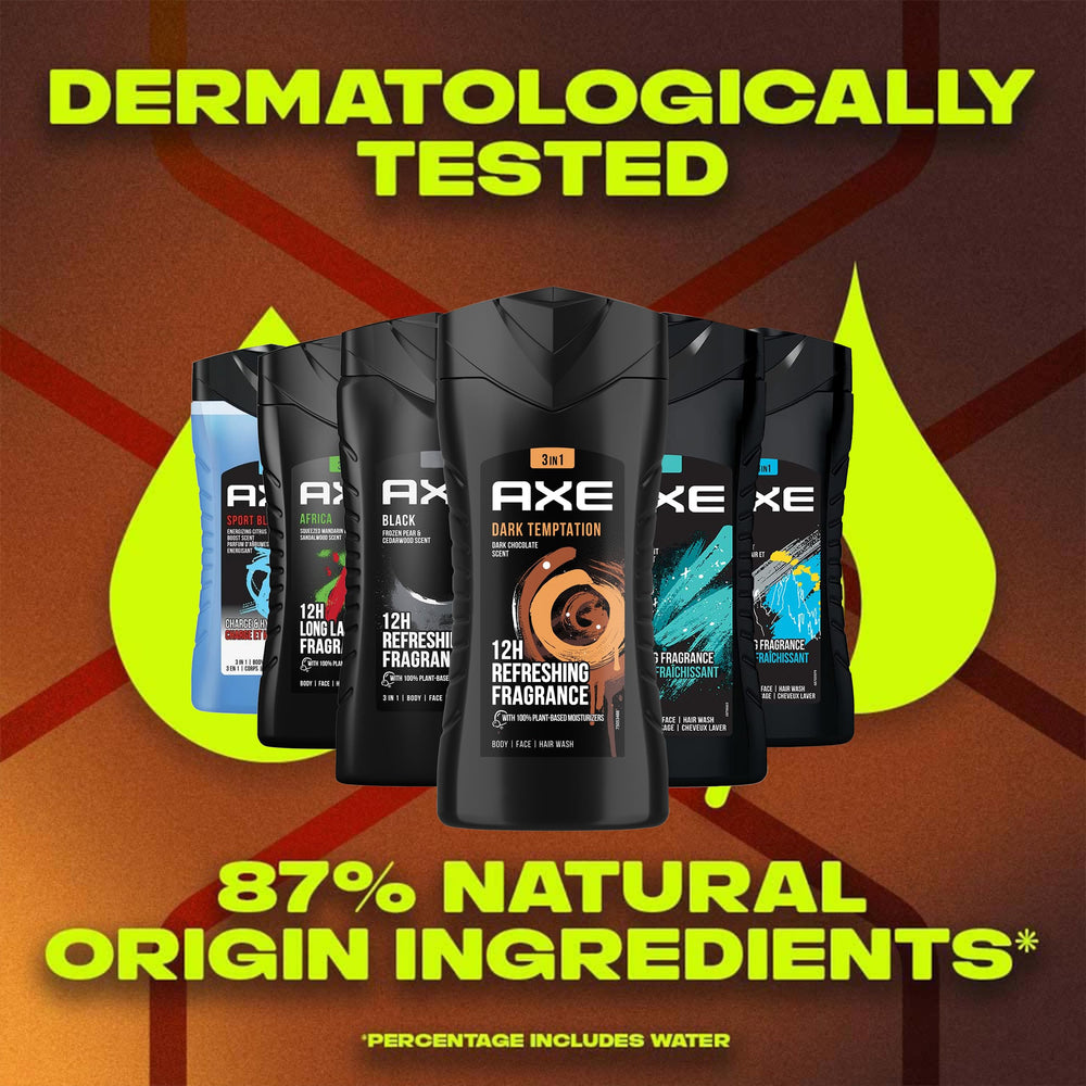 AXE Dark Temptation 3-in-1 bottle for rich aroma and daily cleansing.