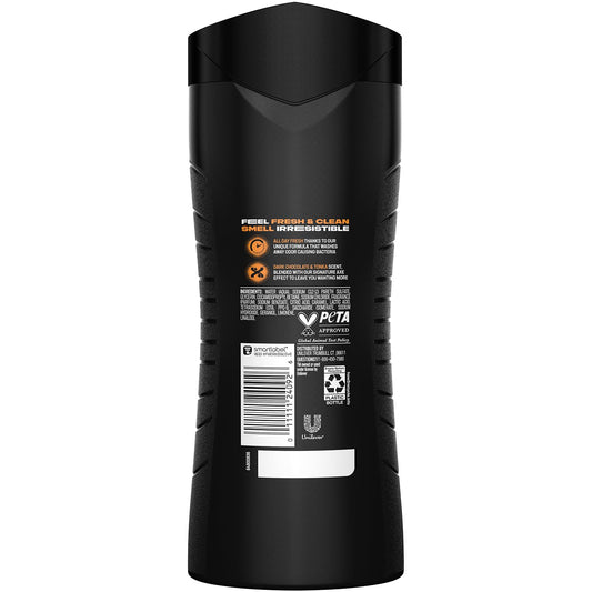 AXE Dark Temptation packaging label highlights chocolate scent and long freshness.