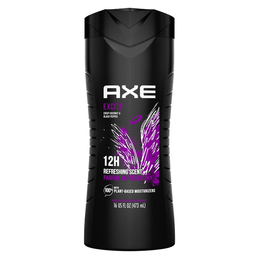 AXE Excite bottle front highlights the crisp coconut and black pepper scent for everyday freshness.