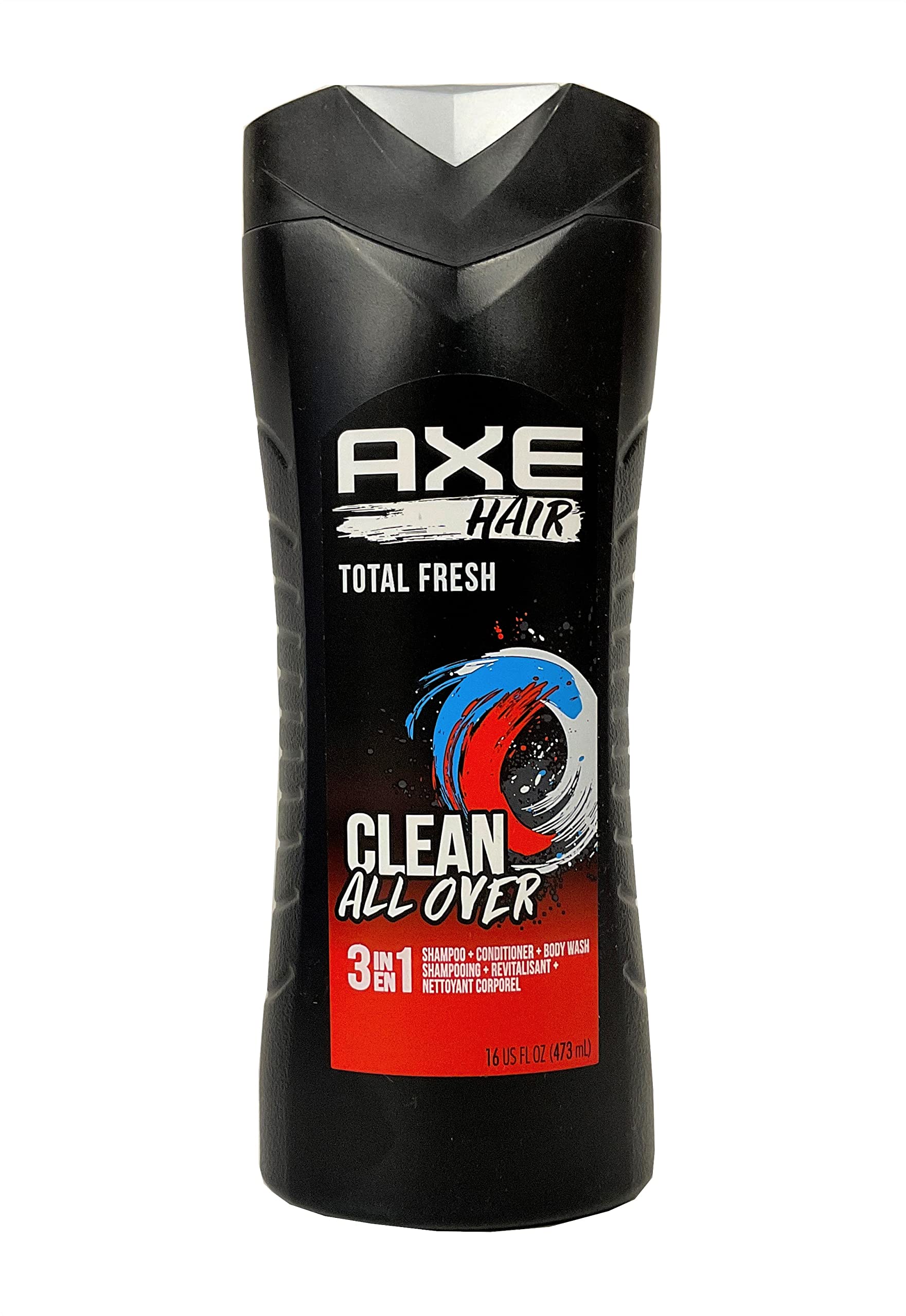 Axé Hair 3 in 1 Total Fresh bottle pour, refreshing all-in-one cleanse for hair and body.