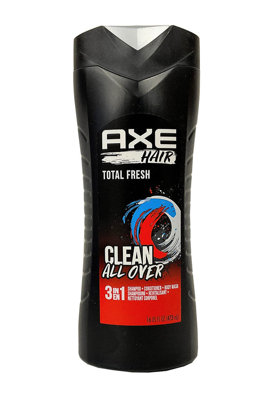 Axé Hair 3 in 1 Total Fresh bottle pour, refreshing all-in-one cleanse for hair and body.