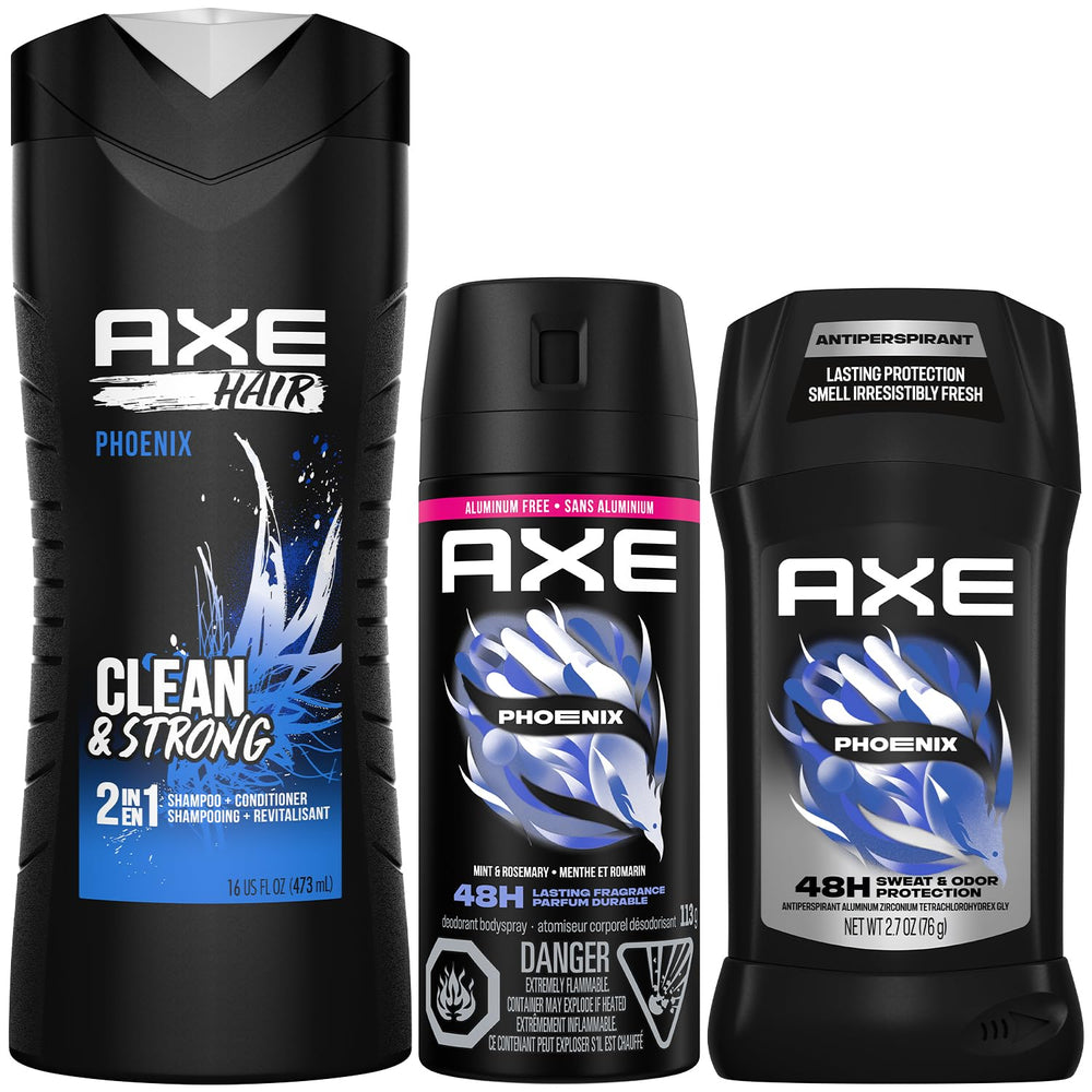AXE Phoenix 2-in-1 bottle—cleans hair and softens for quick refresh.