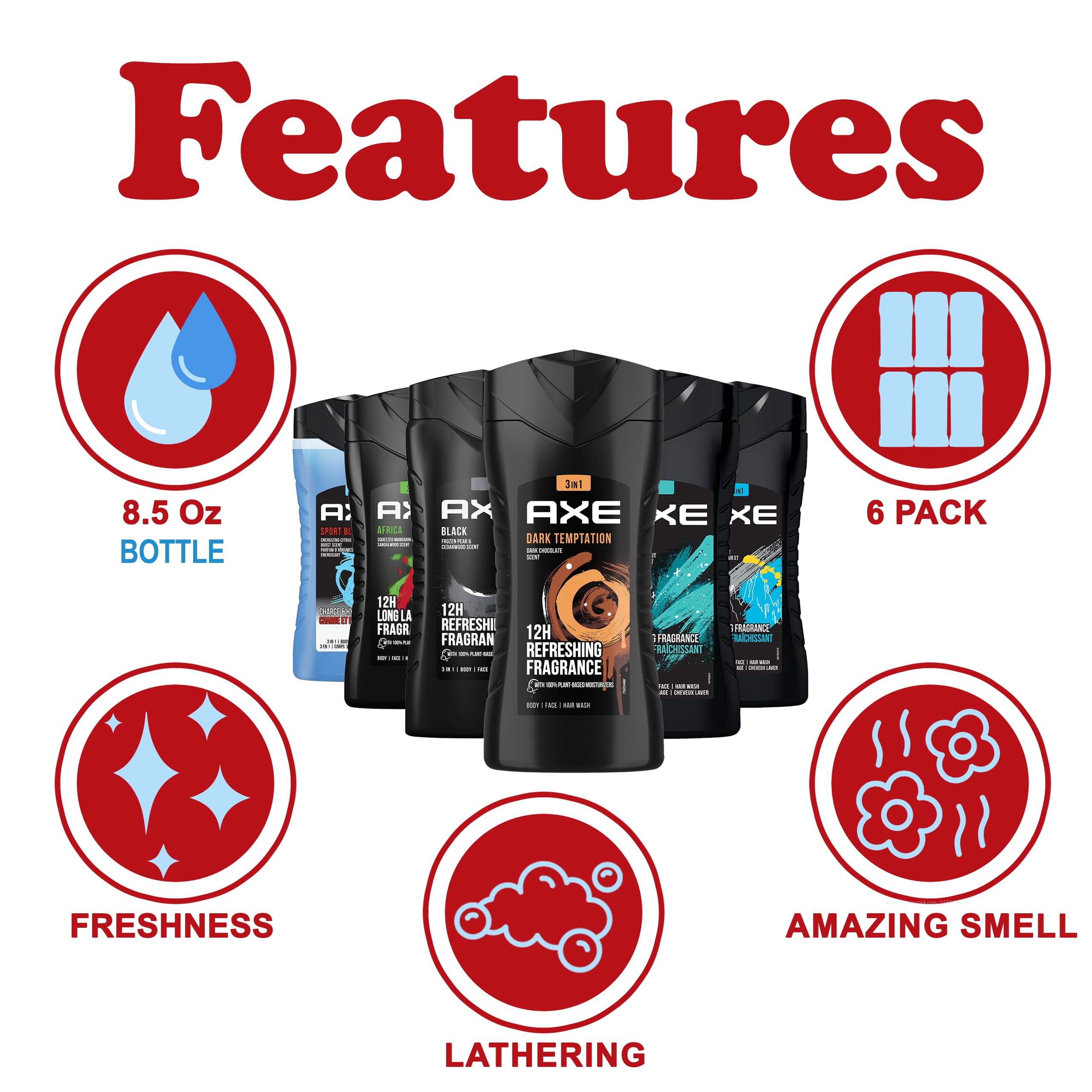 AXE sports blast 3-in-1 bottle for body, face and hair, convenient post gym refresh.