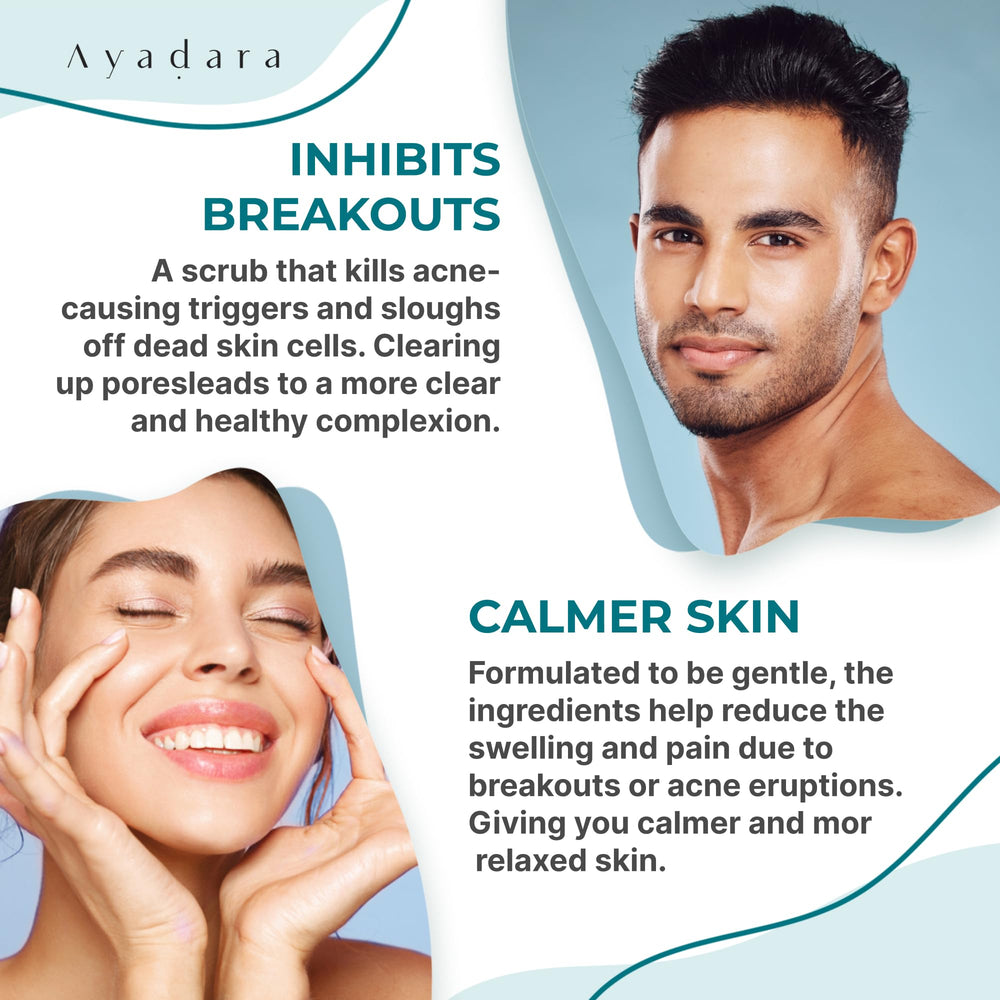 AYADARA Exfoliating Acne Scrub with rhassoul clay highlights pore purification.