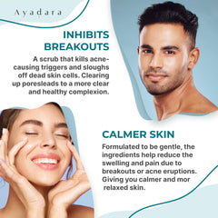 AYADARA Exfoliating Acne Scrub with rhassoul clay highlights pore purification.