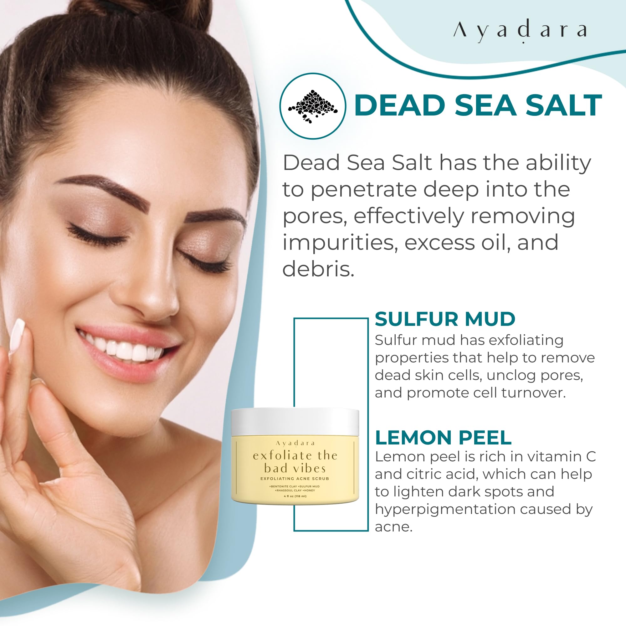 AYADARA Exfoliating Acne Scrub includes witch hazel for calm, clarified pores.