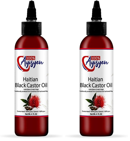 100% AYISYEN Haitian Black Castor Oil bottle ready for hair care routine