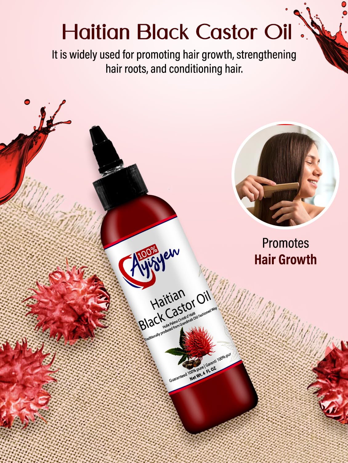 Outer packaging of 100% AYISYEN Haitian Black Castor Oil pack for on-the-go use