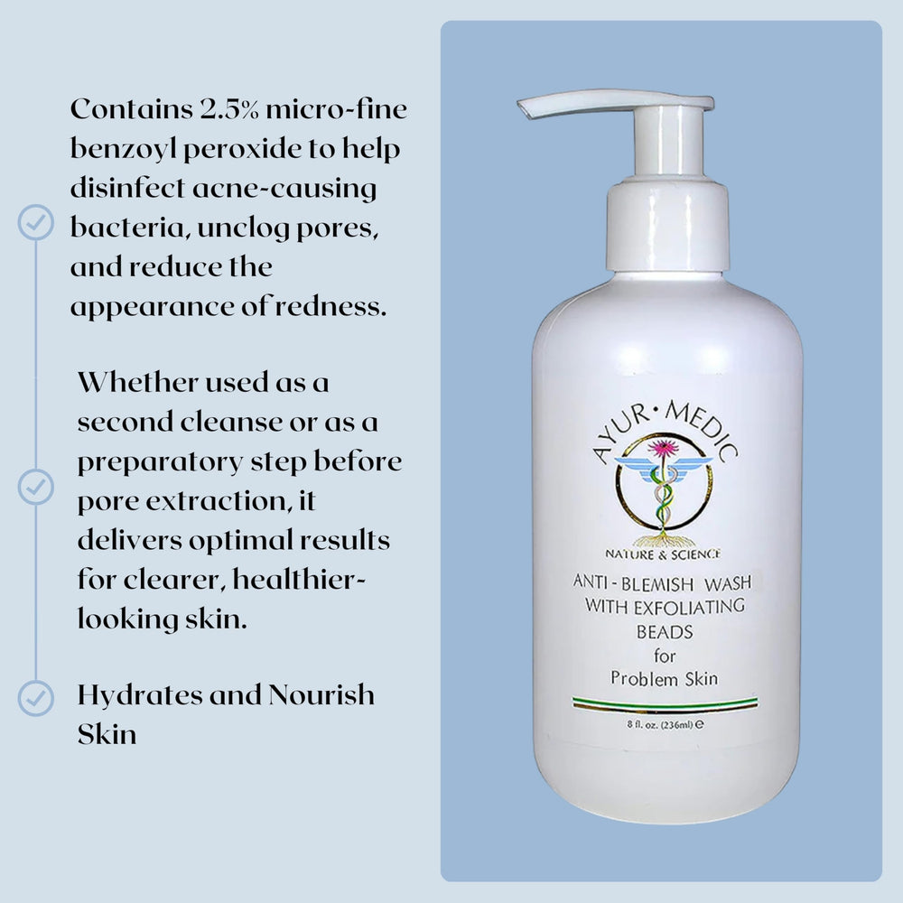 AYUR MEDIC Anti-Blemish Wash with exfoliating beads refines texture for smoother skin.