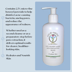 AYUR MEDIC Anti-Blemish Wash with exfoliating beads refines texture for smoother skin.