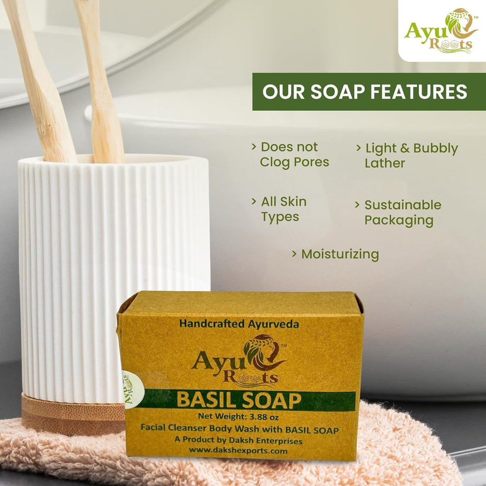 AyuRoots Basil Soap Bar — eco-friendly packaging for sustainable skincare.