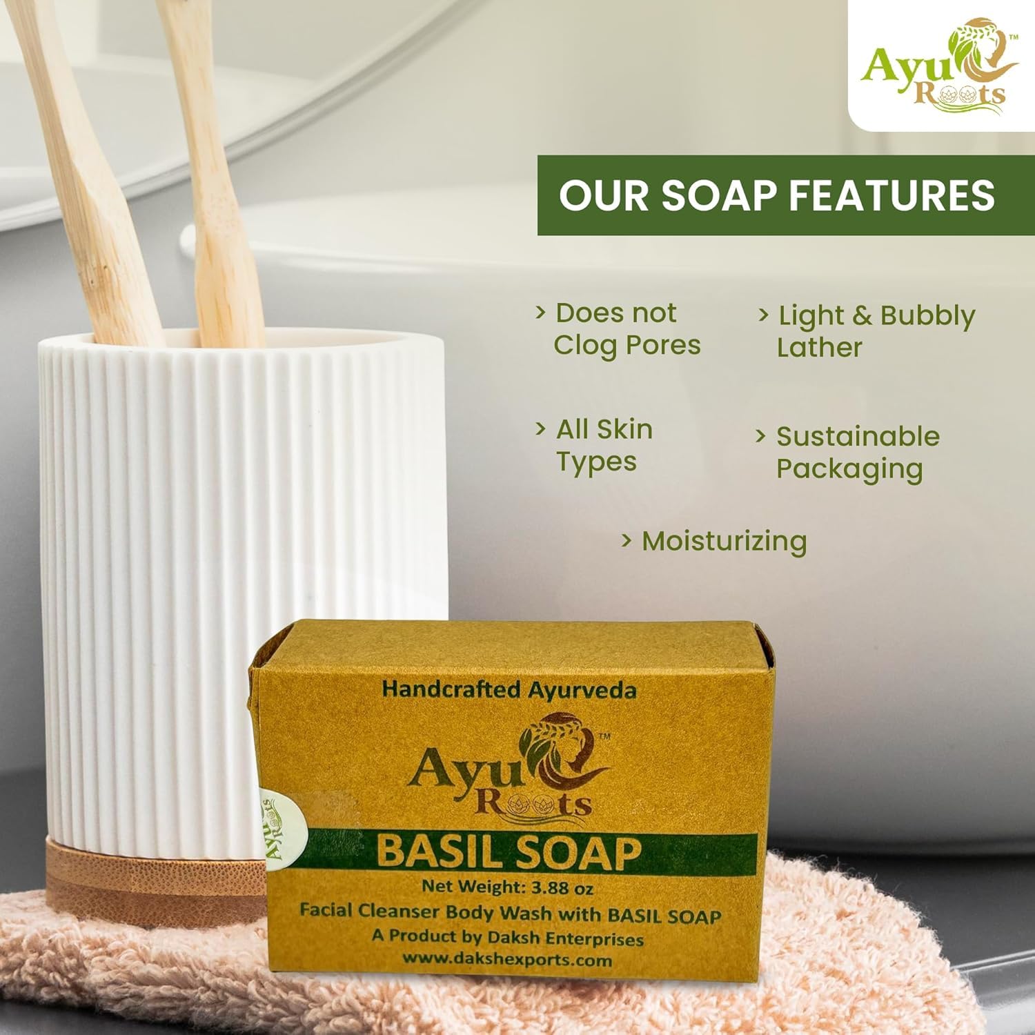 AyuRoots soap suitable for face and body with gentle daily care.