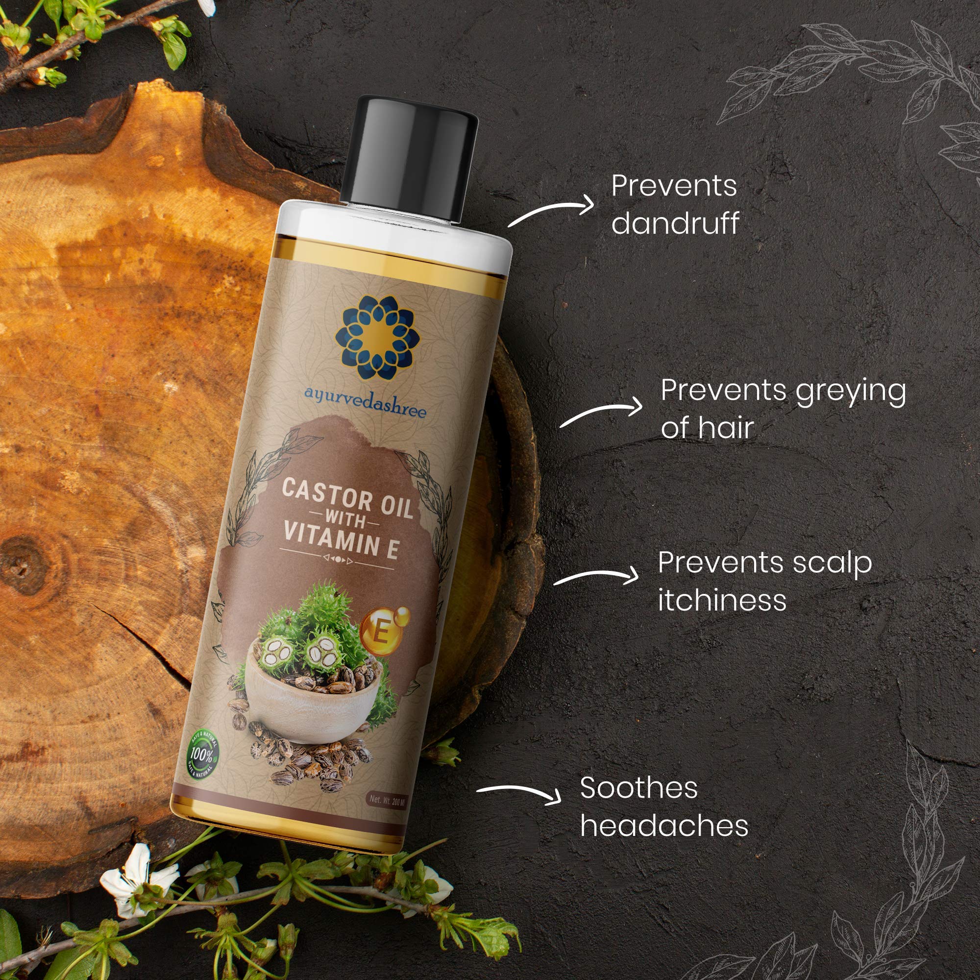 AYURVEDASHREEN castor oil with Vitamin E bottle for skin hydration