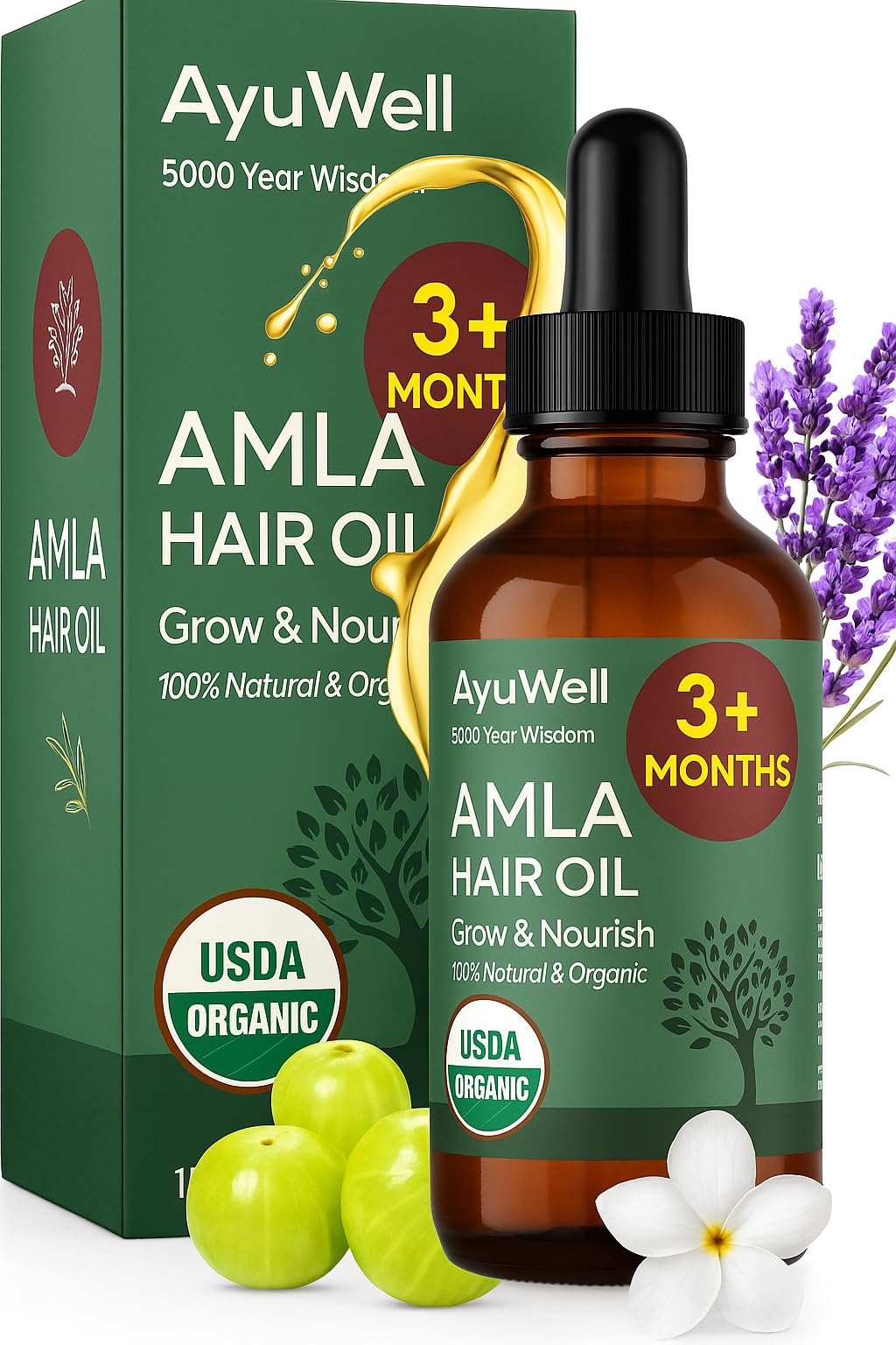 Ayuwell Ayurvedic hair oil bottle close-up showing organic formula for nourished scalp.