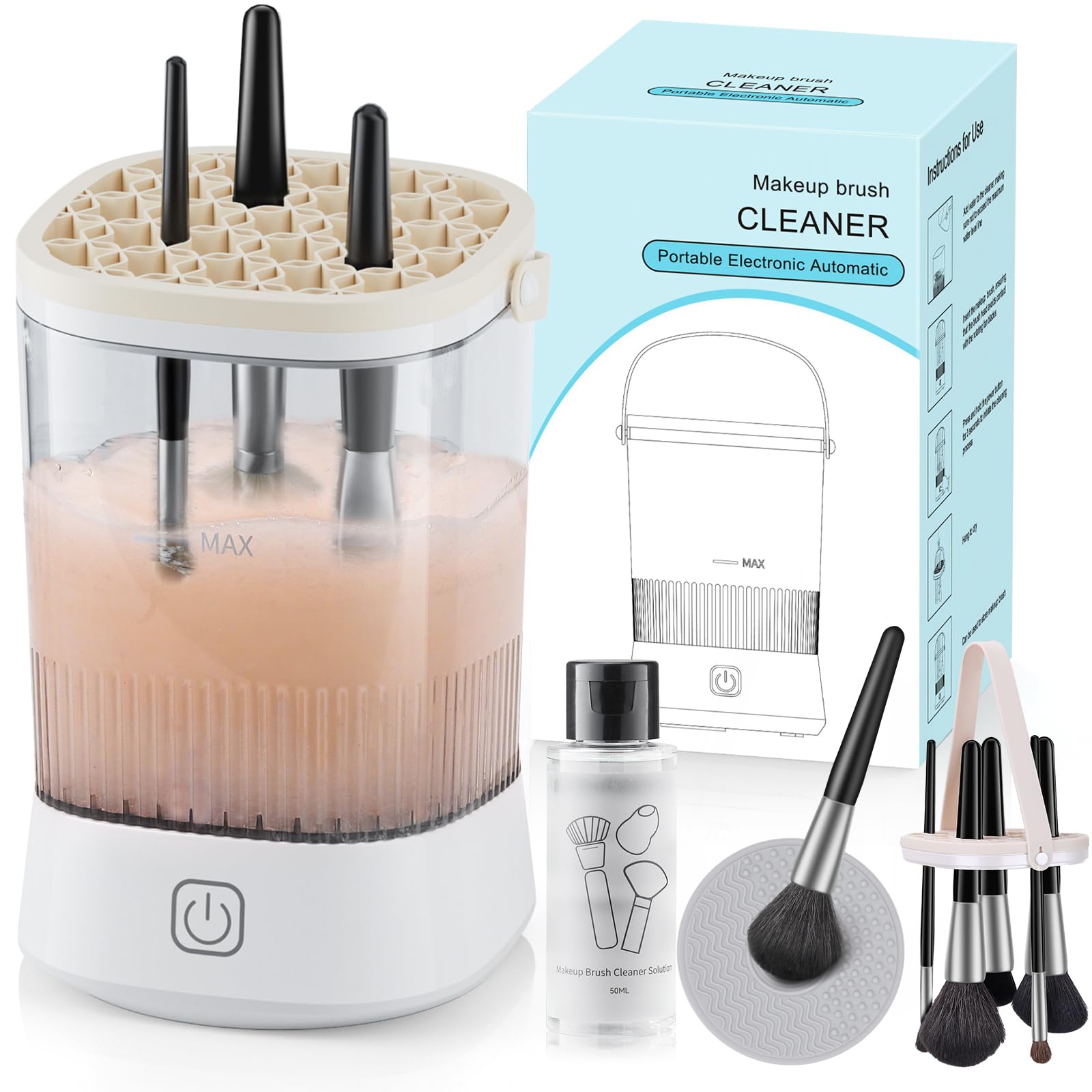 Azang Electric Makeup Brush Cleaner front view, travel-ready compact device.