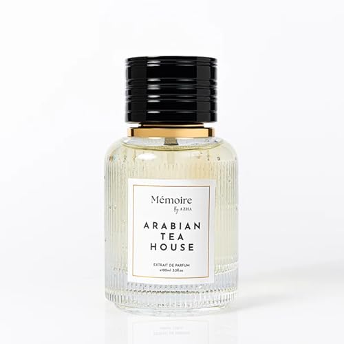 Azha Arabian Tea House bottle close-up notes, highlights saffron and jasmine for refined sillage.