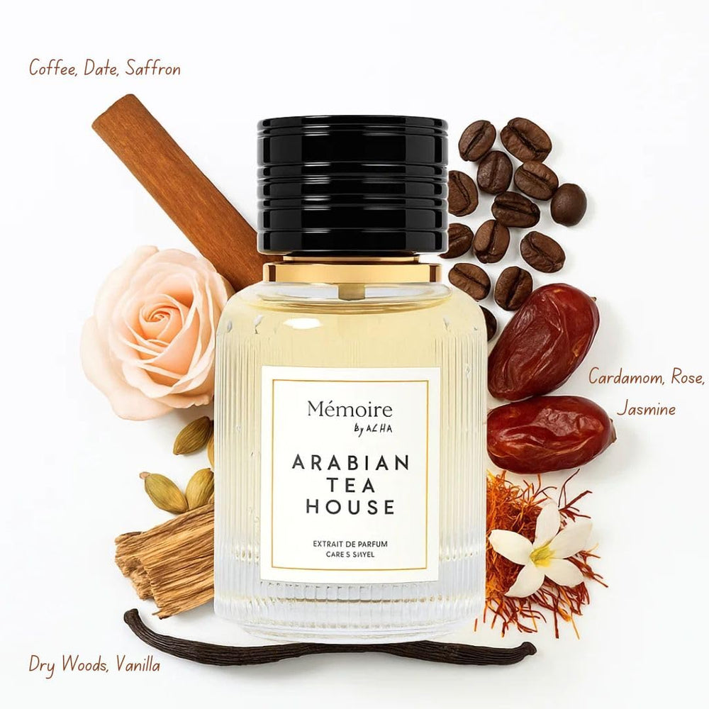 Azha Arabian Tea House middle notes cardamom, rose, jasmine adding floral warmth.