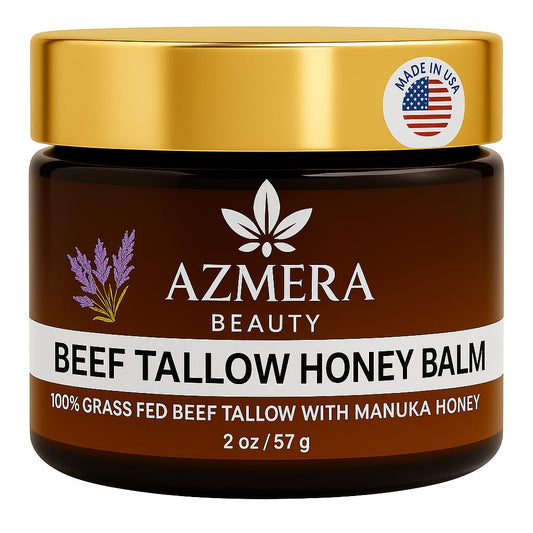 Azmera Beauty beef tallow balm with lavender in a 2oz jar for nourishing skin.