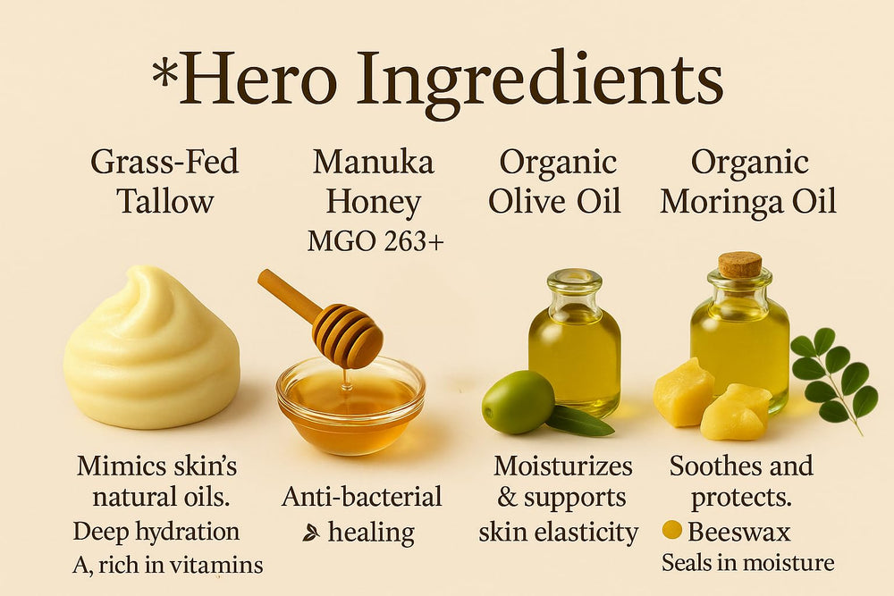 Azmera Beauty beef tallow balm with a Manuka honey drop for luxurious nourishment.