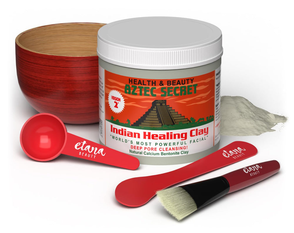 Aztec Secret Essential Indian Clay Kit packaging highlights eco-friendly materials for easy storage.