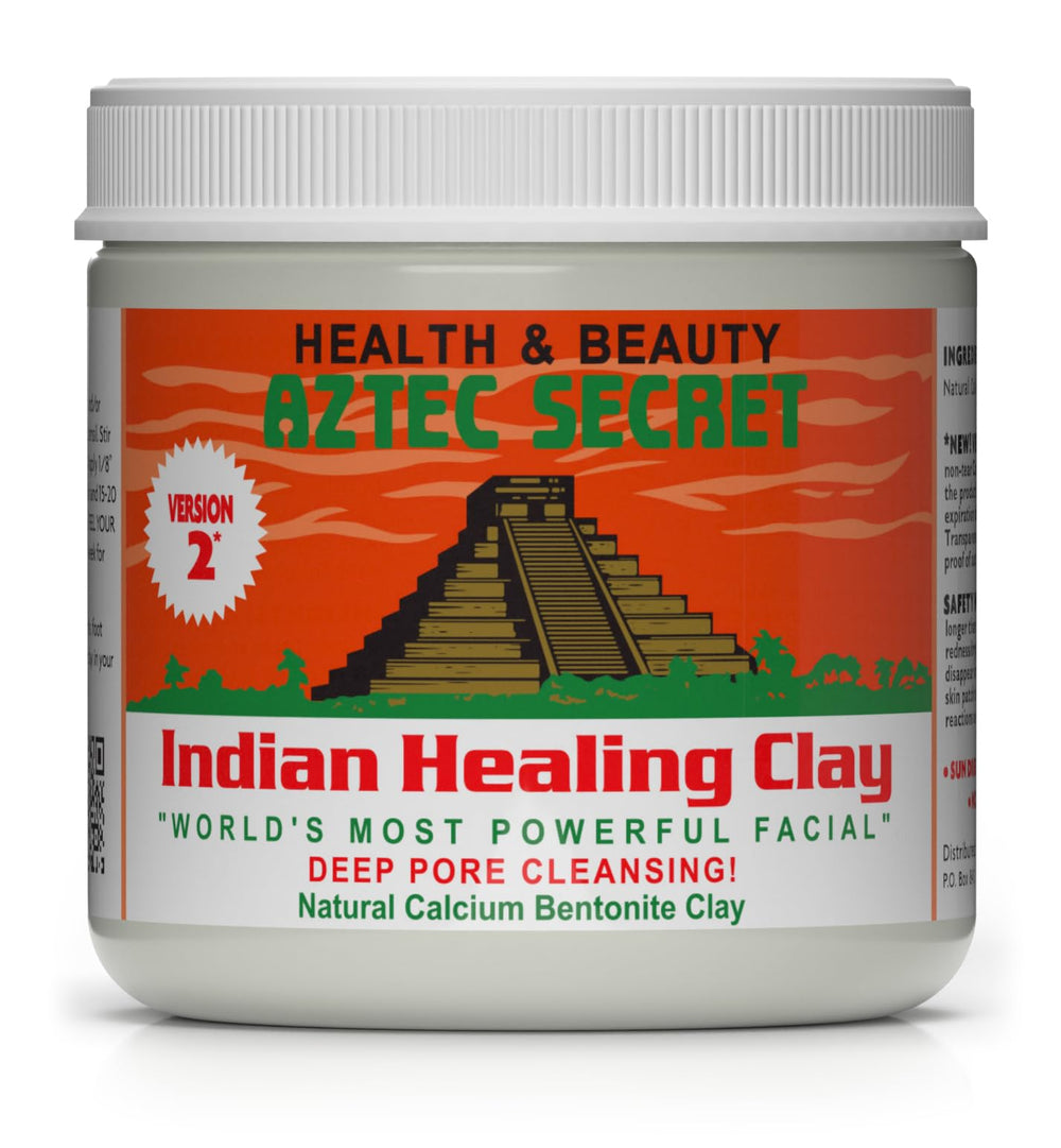 Aztec Secret Indian Healing Clay bottle pour highlighting pure calcium bentonite for deep cleansing.