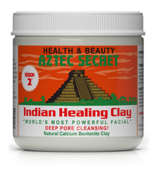 Aztec Secret Indian Healing Clay bottle pour highlighting pure calcium bentonite for deep cleansing.