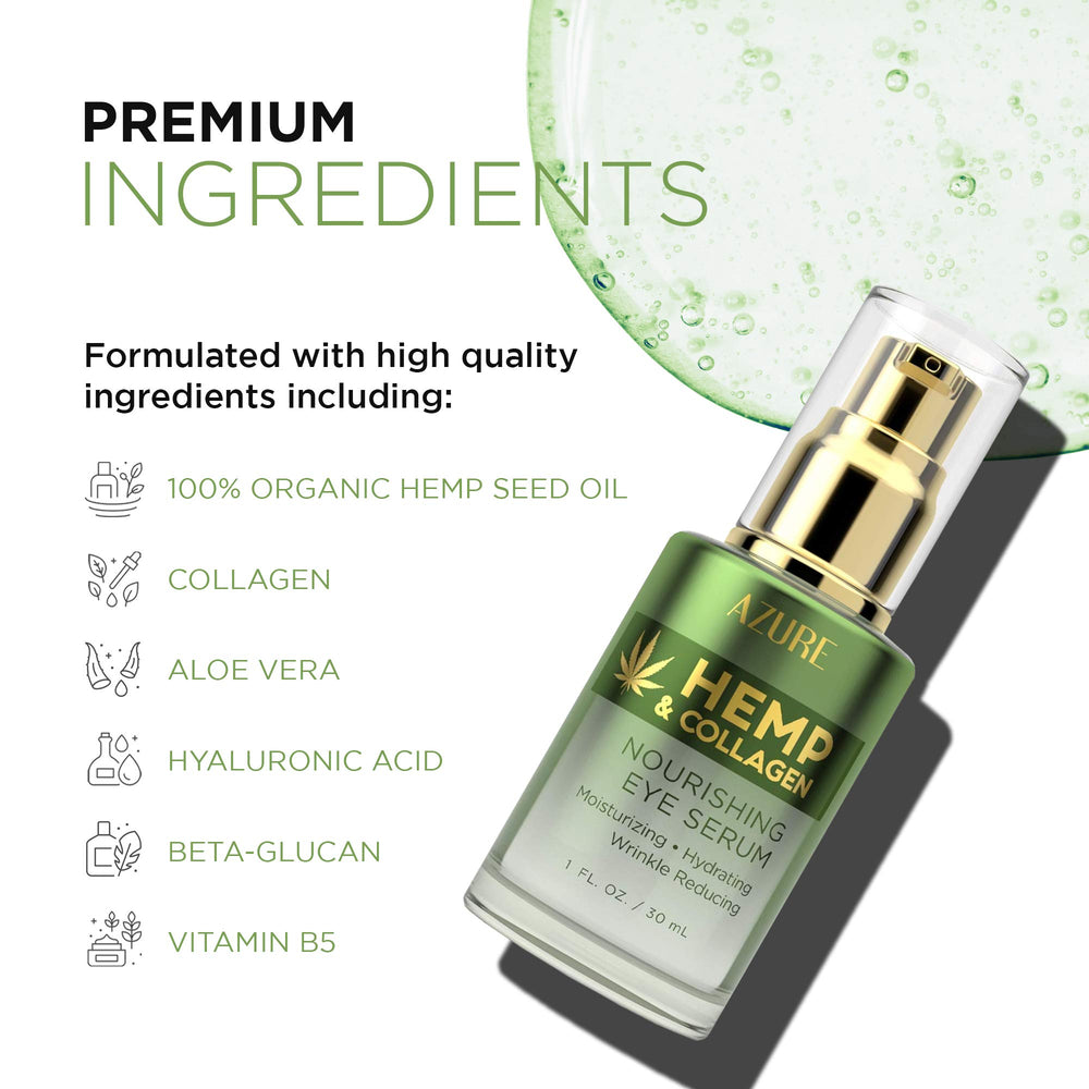 Azure Cosmetics eye serum bottle close-up showing silky, fast absorbing texture