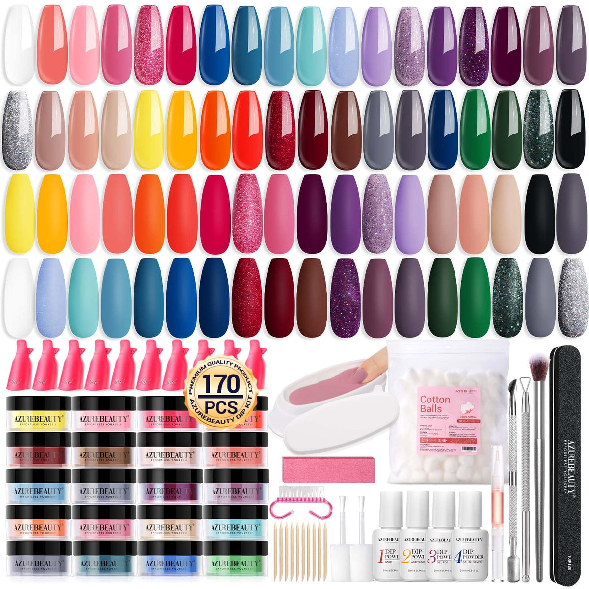 AzureBeauty 170-pcs dip nail kit cover—comprehensive at-home starter for DIY nails