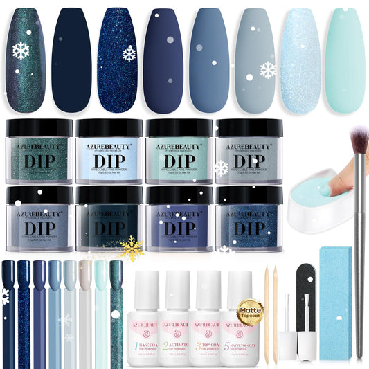 AzureBeauty 30Pcs dip powder kit with eight color powders for salon-quality nails at home.