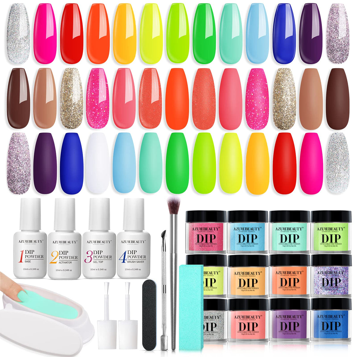 AZUREBEAUTY dip powder kit opened showing colors and tools for at-home nails