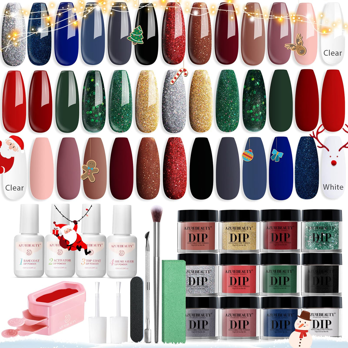 AZUREBEAUTY 31pcs dip powder kit Christmas colors display for at-home salon results.