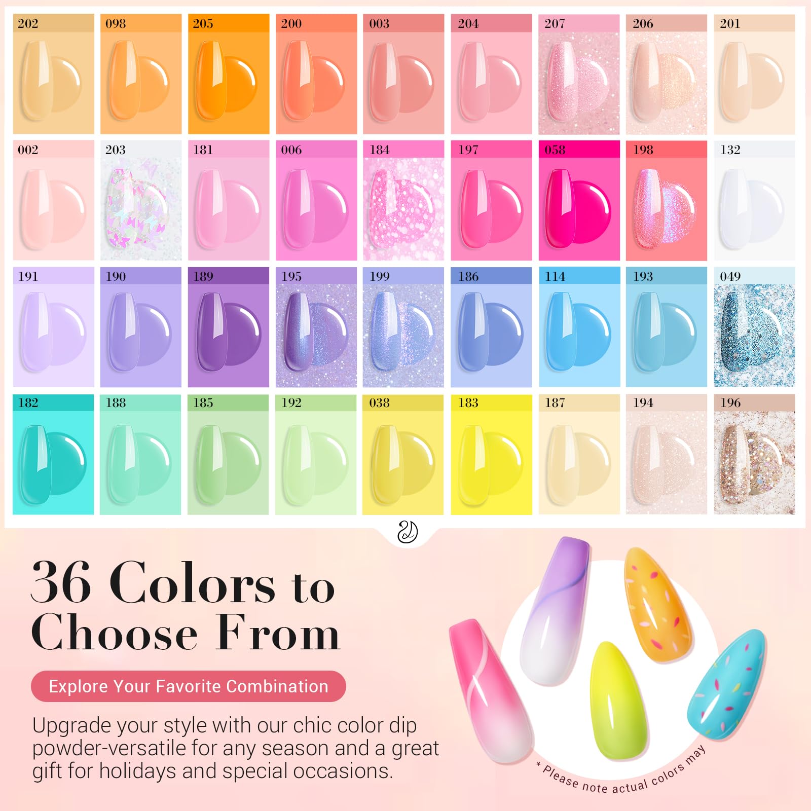 AzureBeauty 36-color dip powder swatch showing vibrant spring-summer shades.