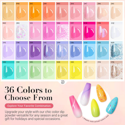 AzureBeauty 36-color dip powder swatch showing vibrant spring-summer shades.