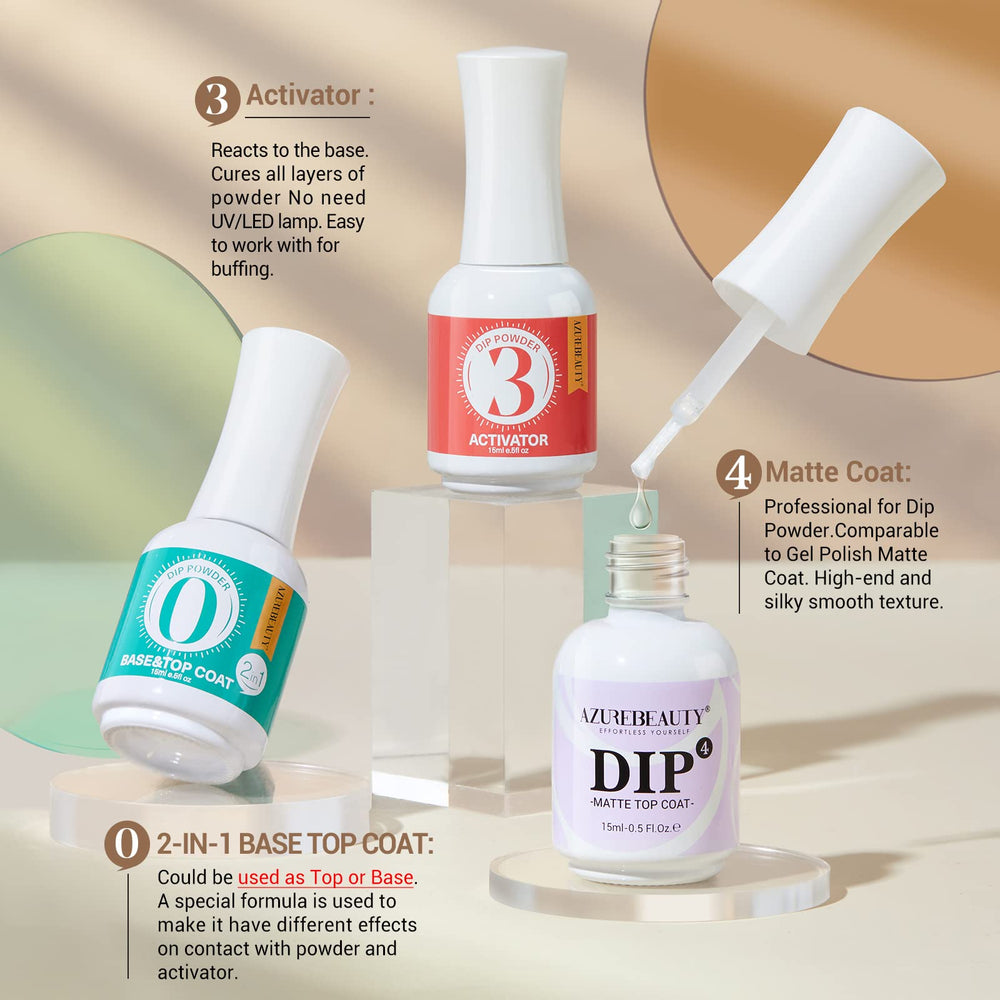AzureBeauty base coat dip application action for smooth nail protection.