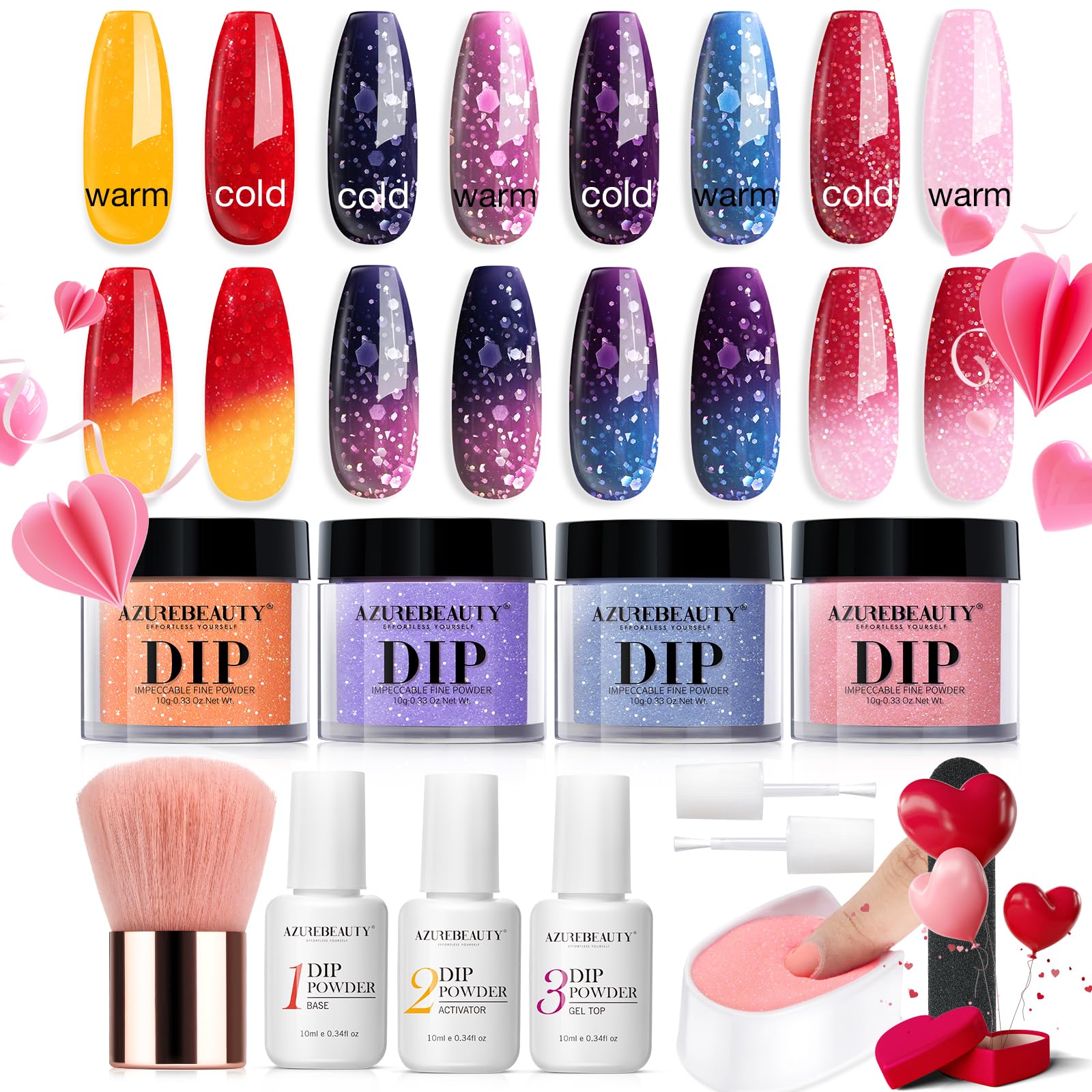 AZUREBEAUTY color-changing dip powder kit with four colors for dynamic nails.