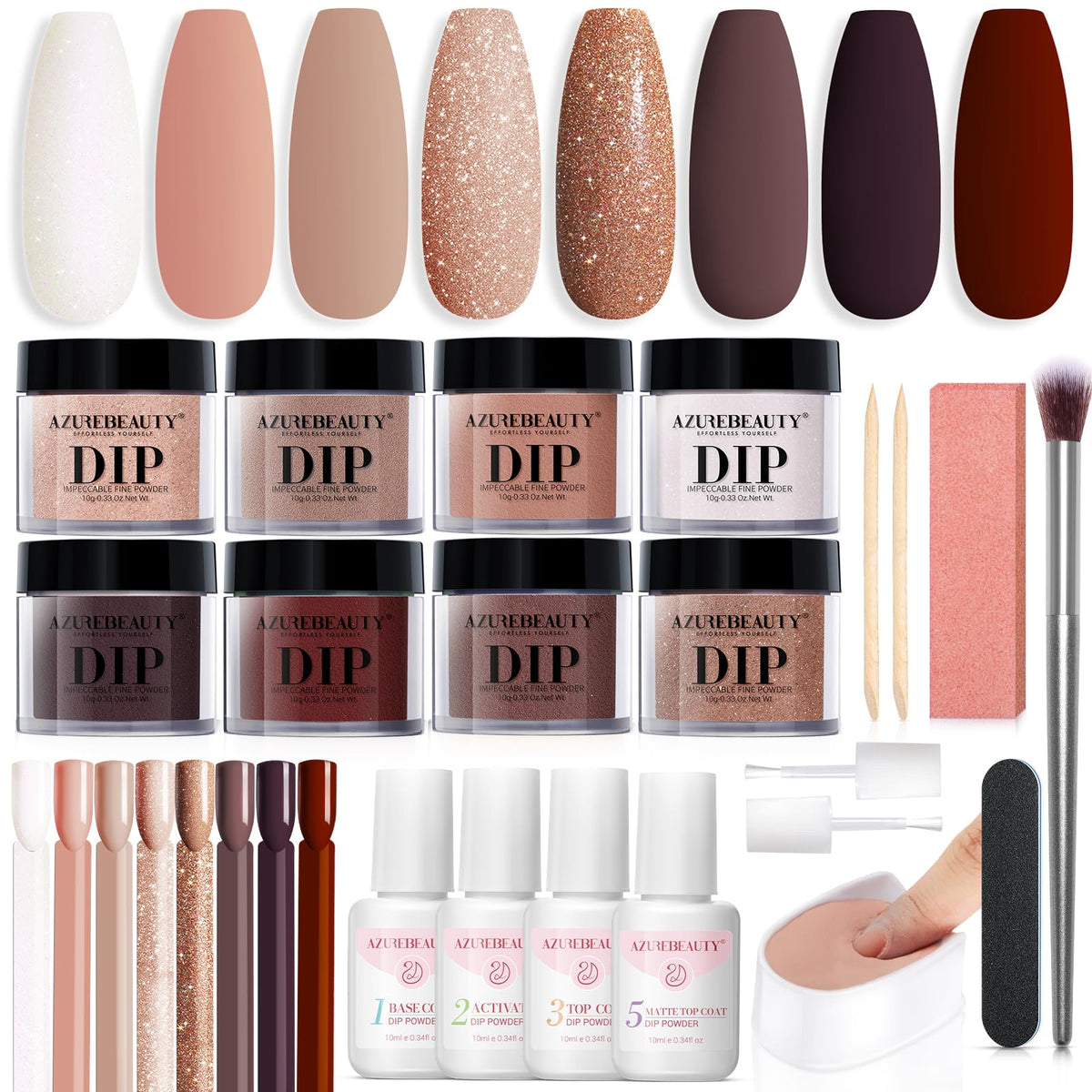 AZUREBEAUTY dip nails powder kit shows eight colors for easy at-home manicures