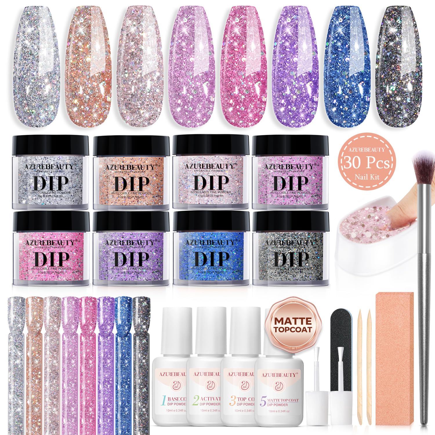 AzureBeauty Dip Nails Powder Starter Kit with 8 colors for durable at-home nails.