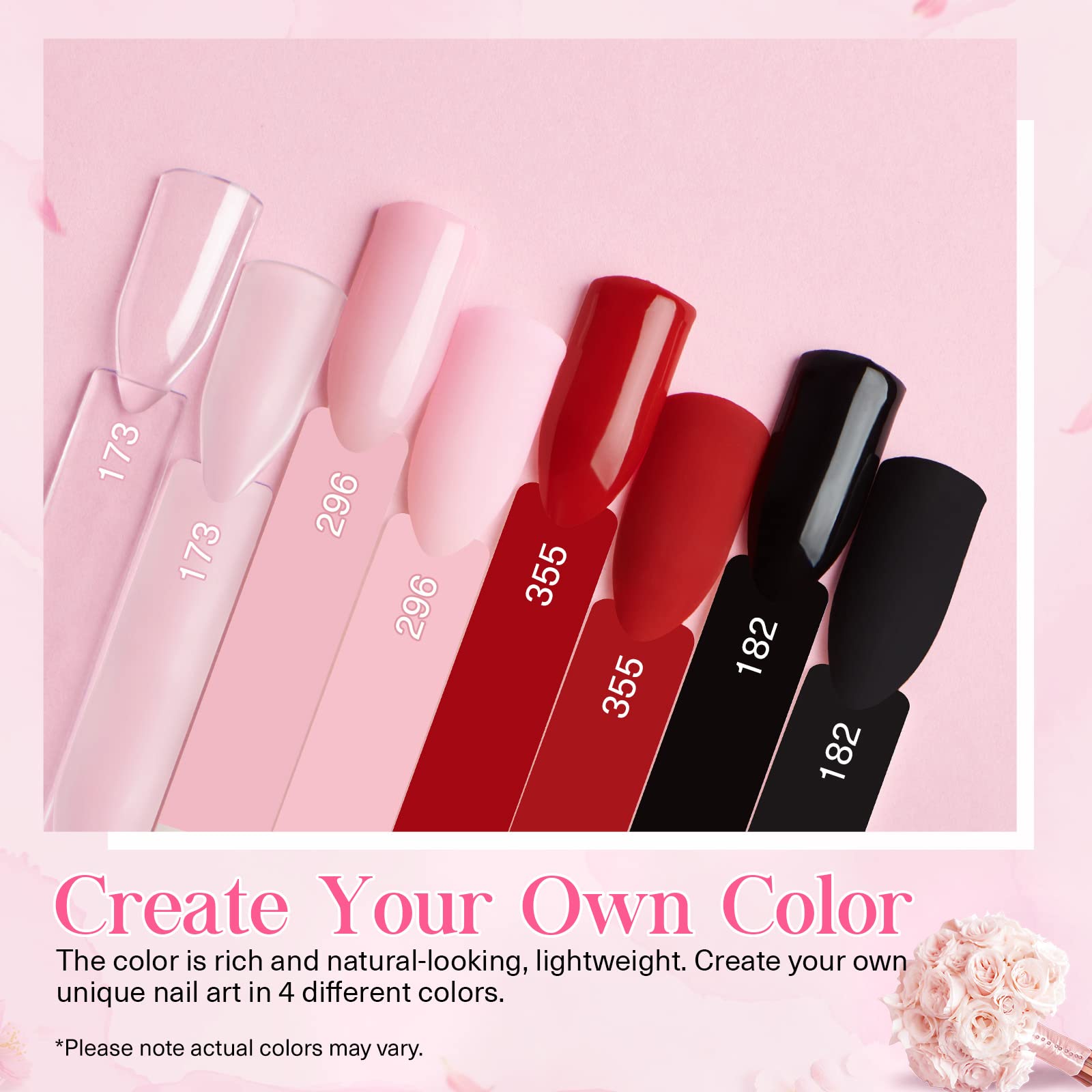 AZUREBEAUTY powder color swatches show pink, red, black, clear for versatile looks