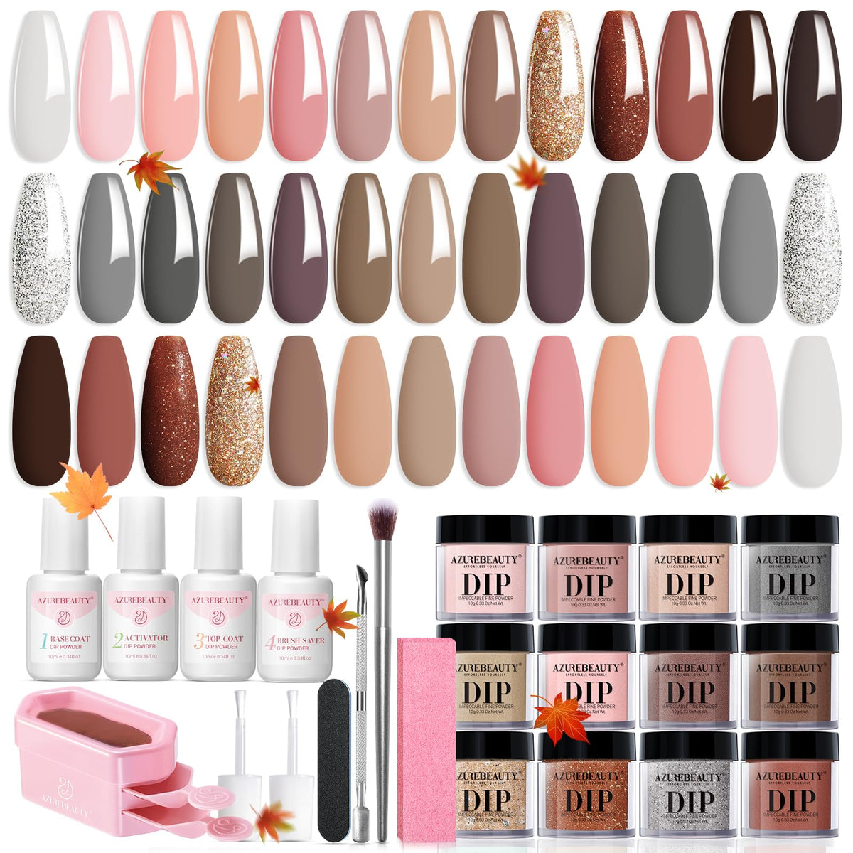 AzureBeauty dip powder collection with 20 neutral shades for versatile nails