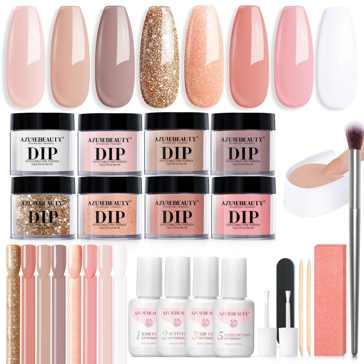 AZUREBEAUTY dip powder kit contents for easy at-home manicure and color testing.