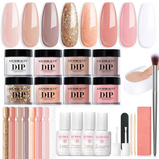 AZUREBEAUTY dip powder kit contents for easy at-home manicure and color testing.